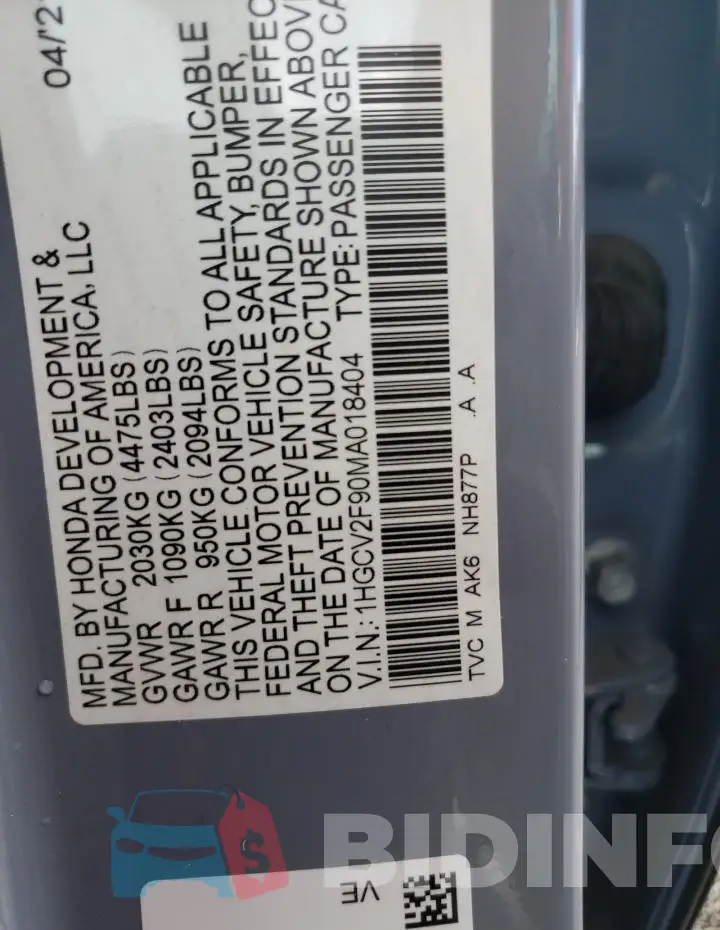 1HGCV2F90MA018404 Photo# 13