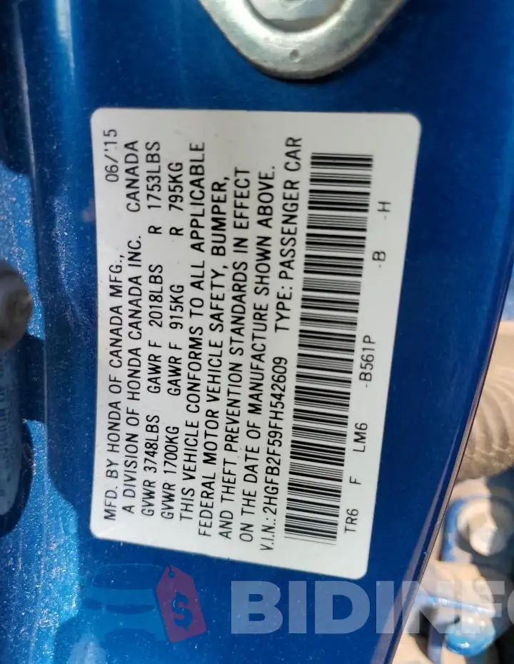2HGFB2F59FH542609 Photo# 12