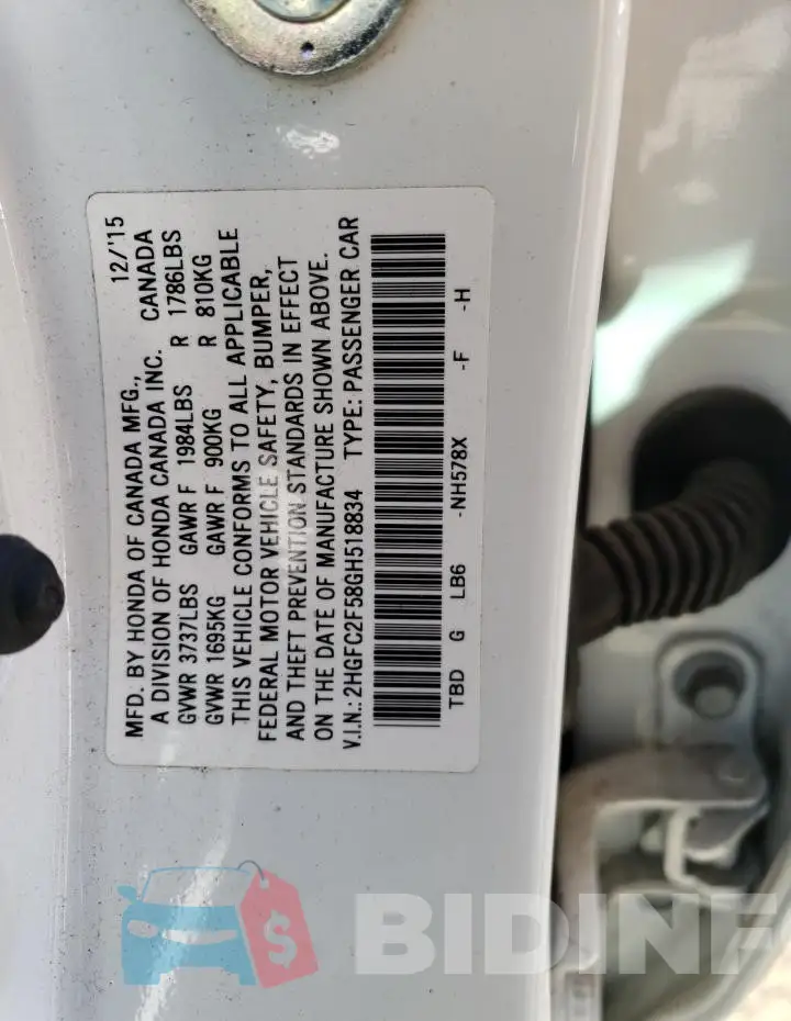 2HGFC2F58GH518834 Photo# 12