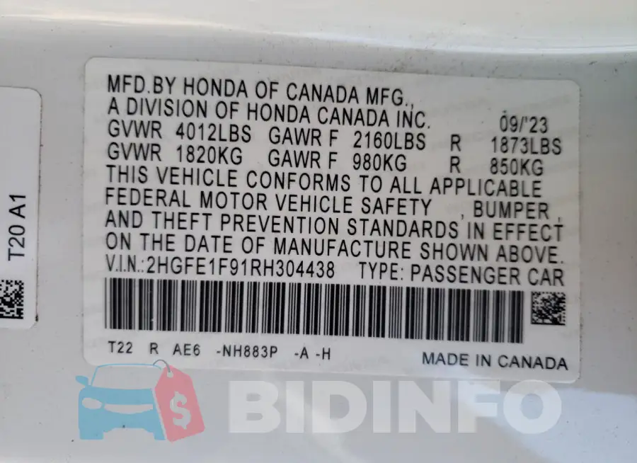 2HGFE1F91RH304438 Photo# 12