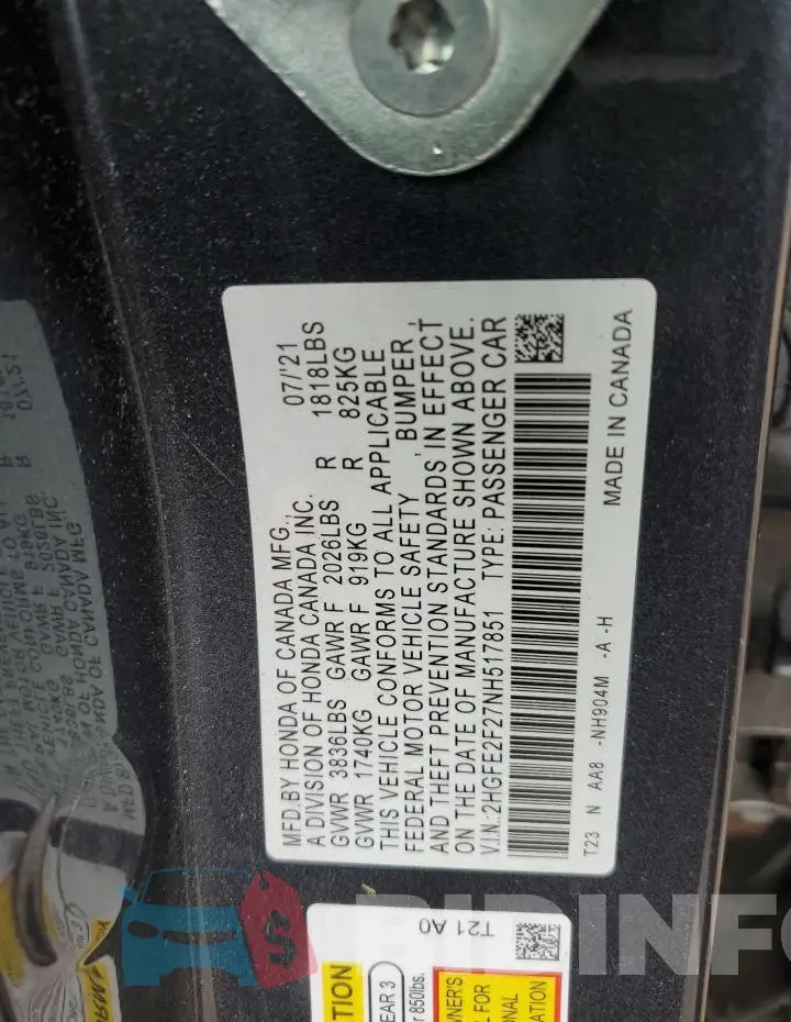 2HGFE2F27NH517851 Photo# 12