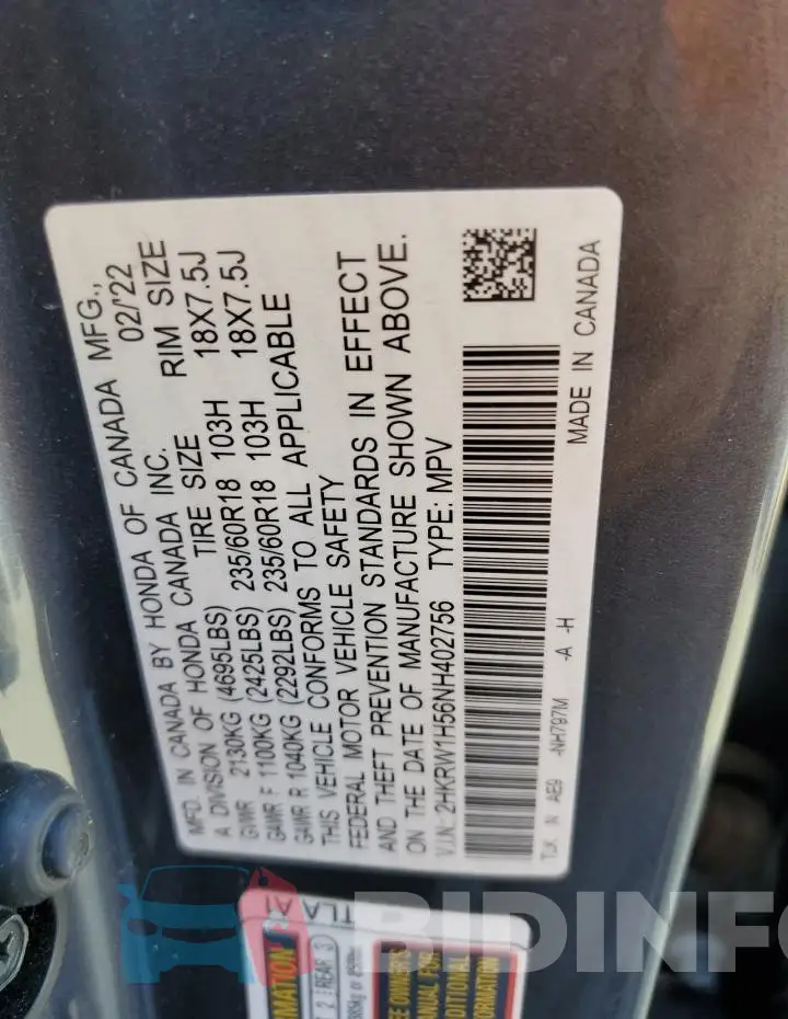 2HKRW1H56NH402756 Photo# 14