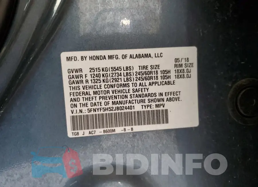 5FNYF5H52JB024401 Photo# 13