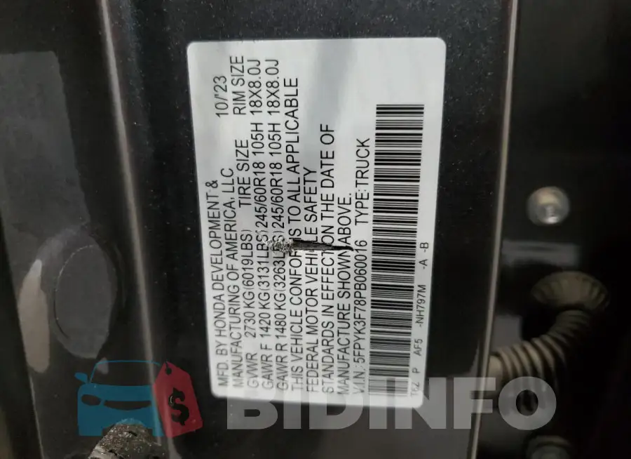 5FPYK3F78PB060016 Photo# 12