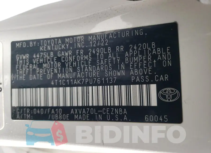 4T1C11AK7PU761137 Photo# 12