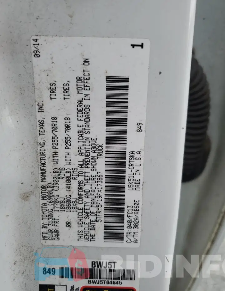 5TFRY5F19FX173867 Photo# 12