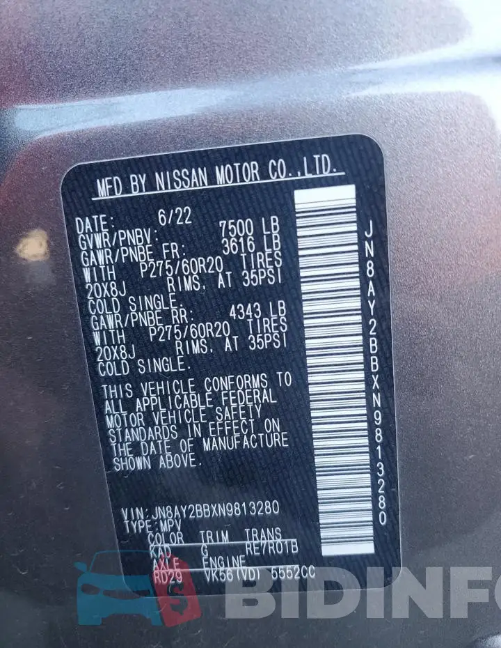 JN8AY2BBXN9813280 Photo# 13