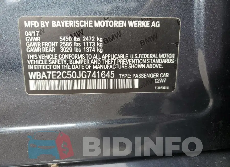 WBA7E2C50JG741645 Photo# 13