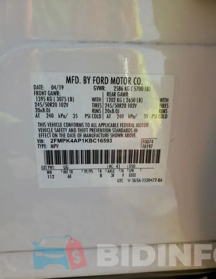 2FMPK4AP1KBC16593 Photo# 12