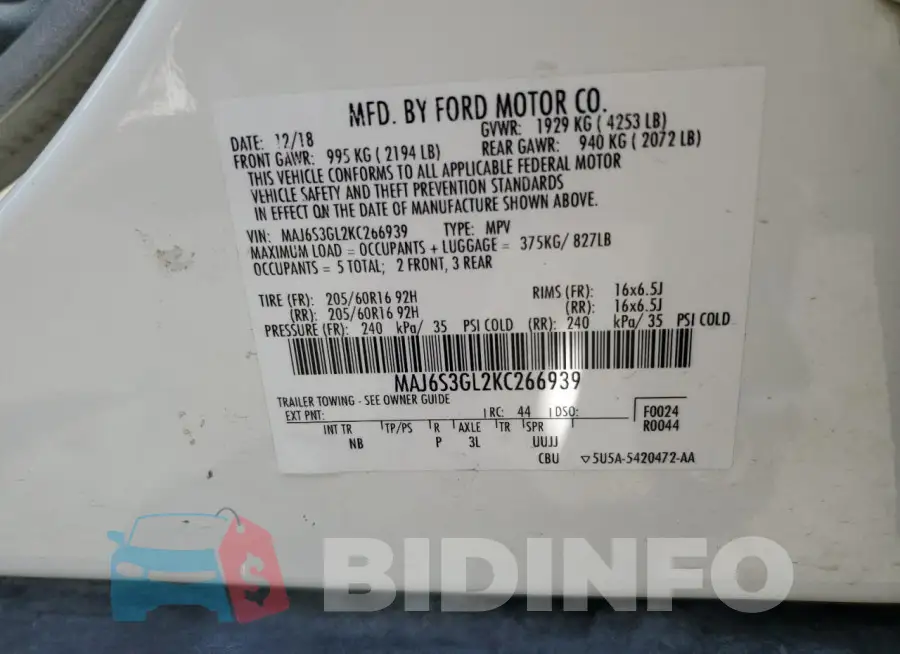MAJ6S3GL2KC266939 Photo# 14