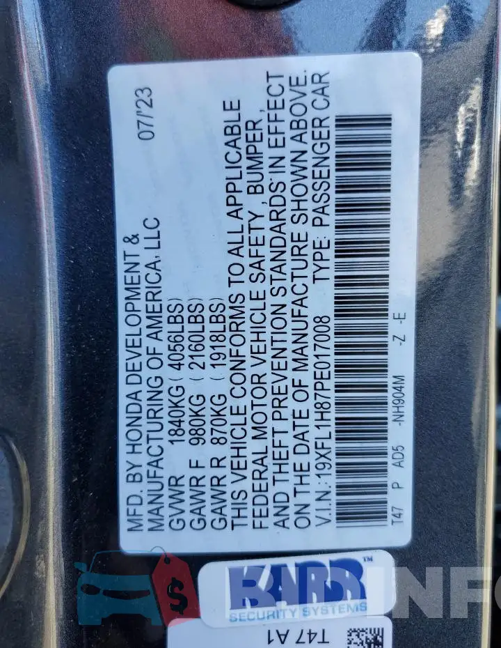 19XFL1H87PE017008 Photo# 12