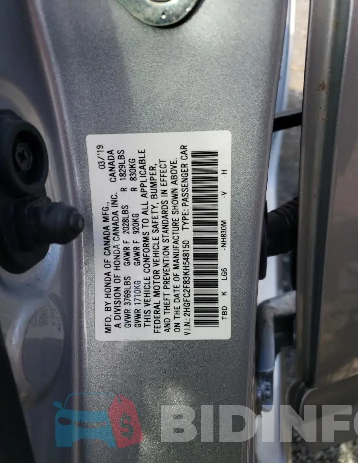 2HGFC2F83KH548150 Photo# 12
