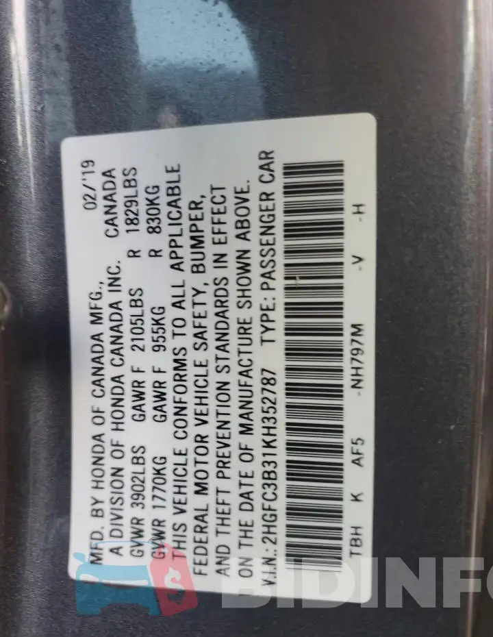 2HGFC3B31KH352787 Photo# 13