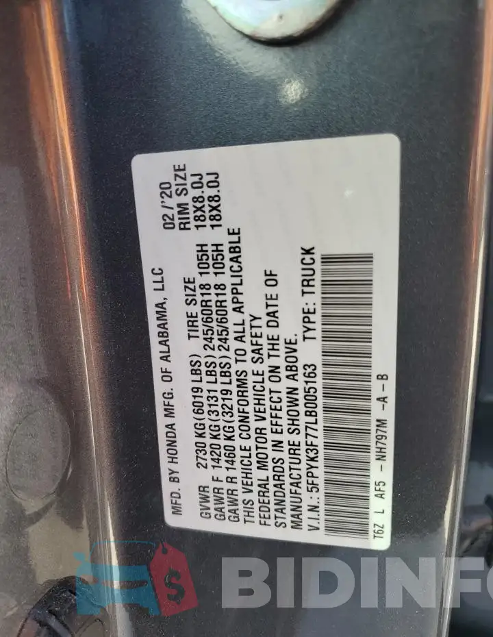 5FPYK3F77LB005163 Photo# 13