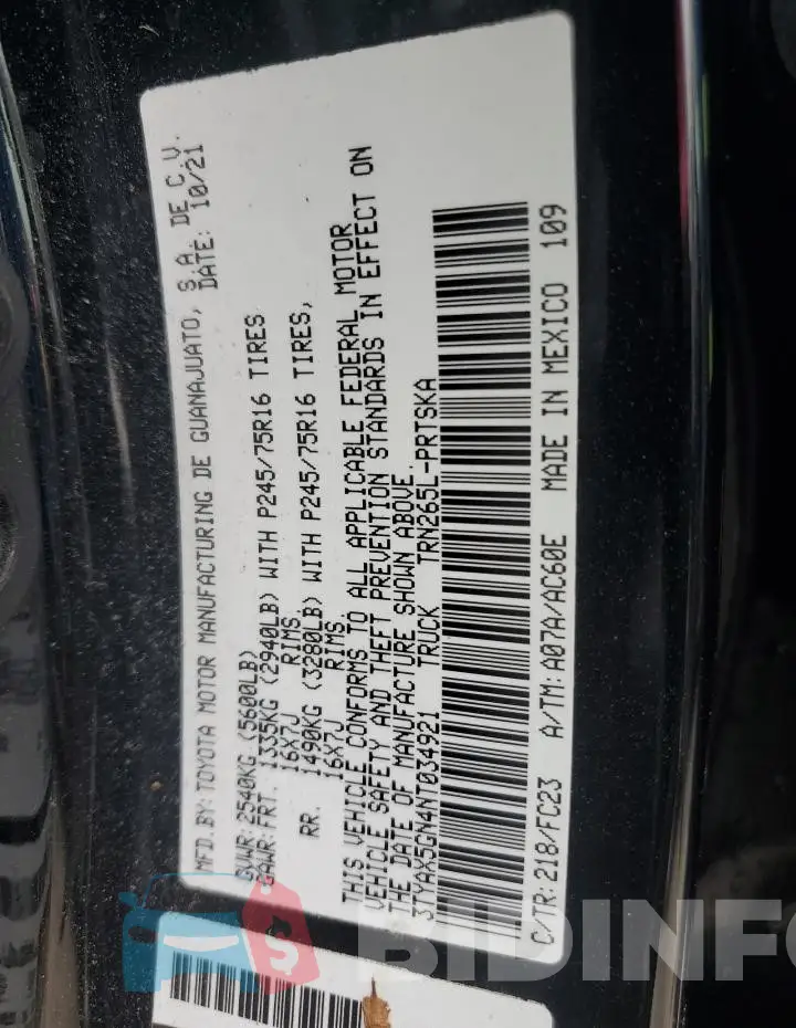 3TYAX5GN4NT034921 Photo# 12