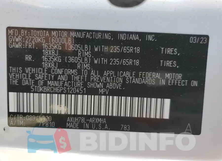 5TDKBRCH6PS120451 Photo# 14