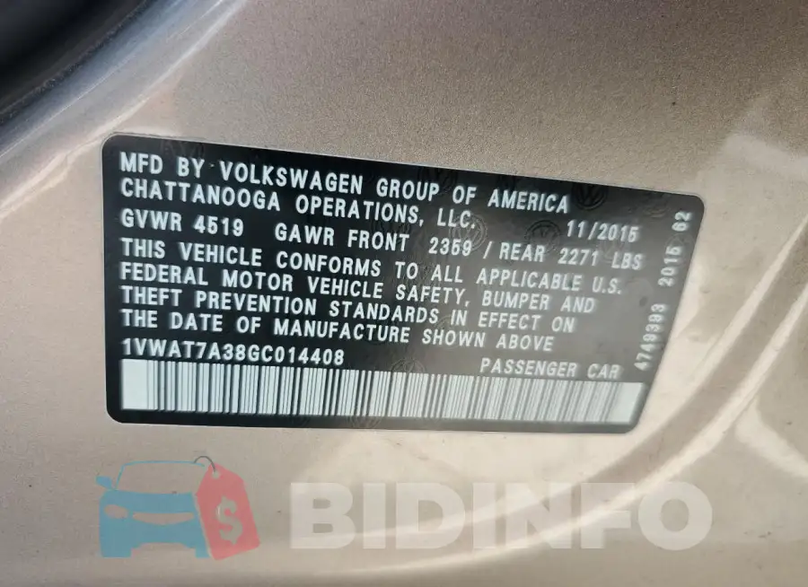 1VWAT7A38GC014408 Photo# 12