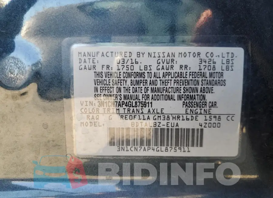 3N1CN7AP4GL875911 Photo# 13