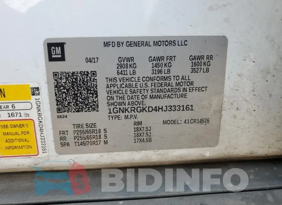 1GNKRGKD4HJ333161 Photo# 14