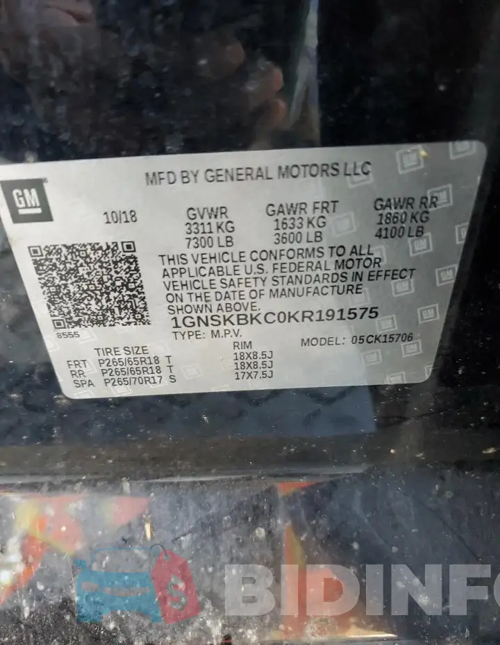 1GNSKBKC0KR191575 Photo# 13