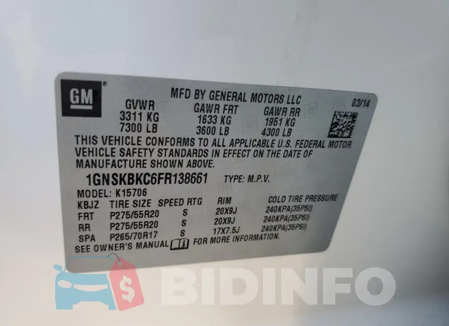 1GNSKBKC6FR138661 Photo# 13