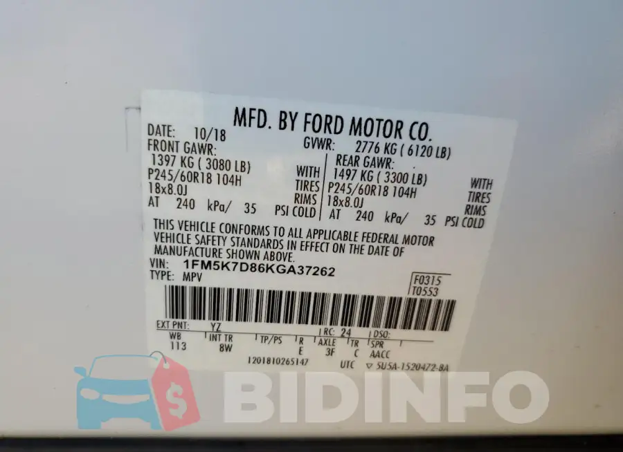 1FM5K7D86KGA37262 Photo# 14