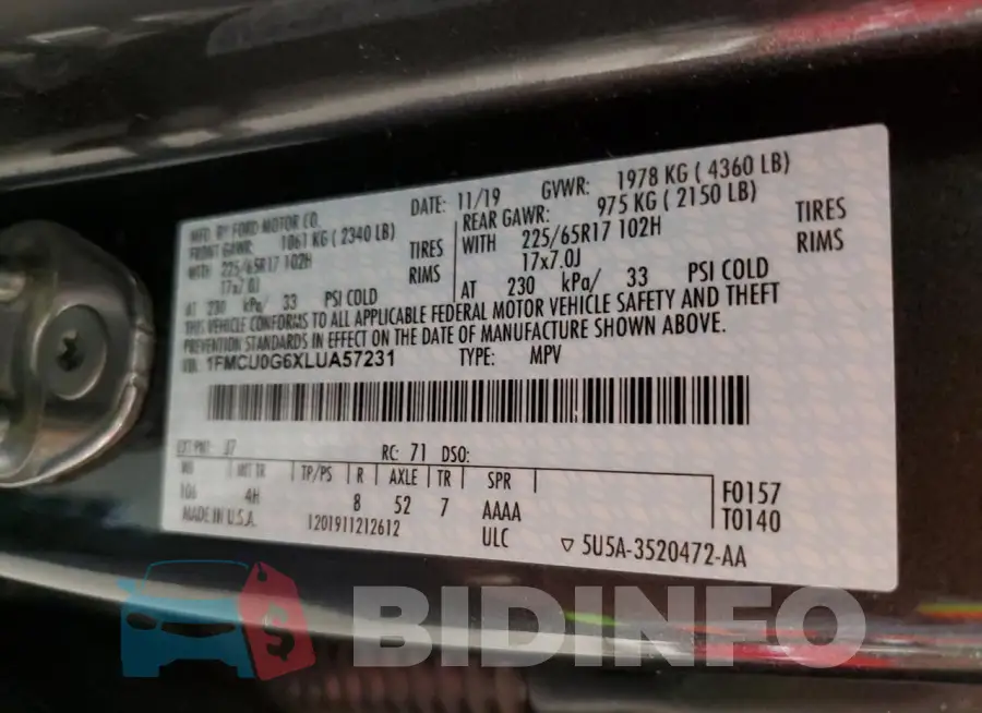1FMCU0G6XLUA57231 Photo# 12