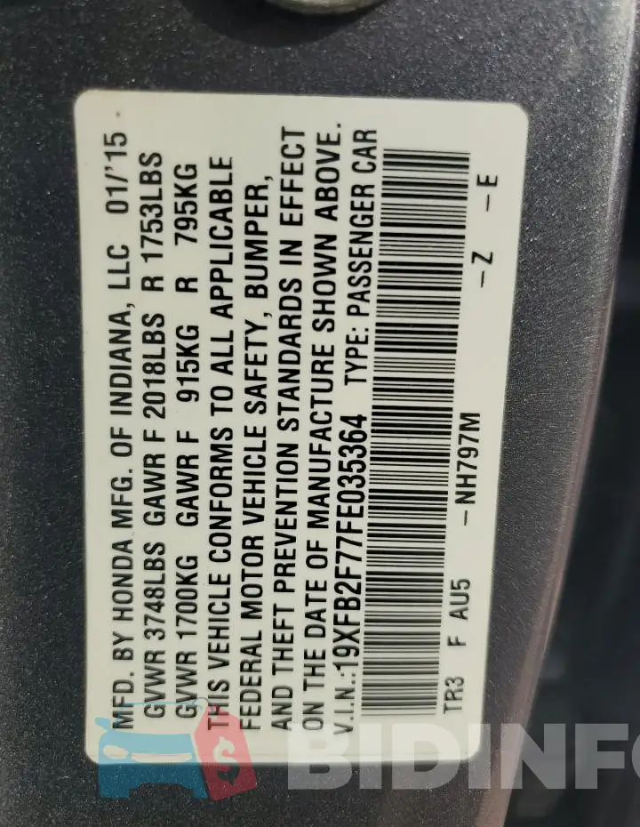 19XFB2F77FE035364 Photo# 13