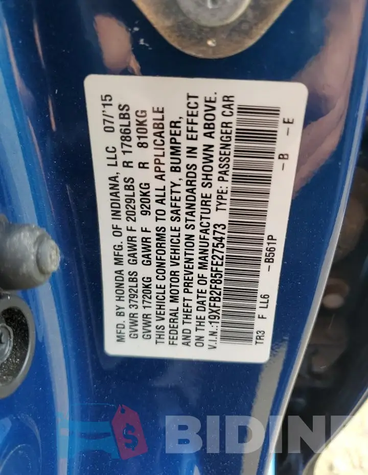 19XFB2F85FE275473 Photo# 12