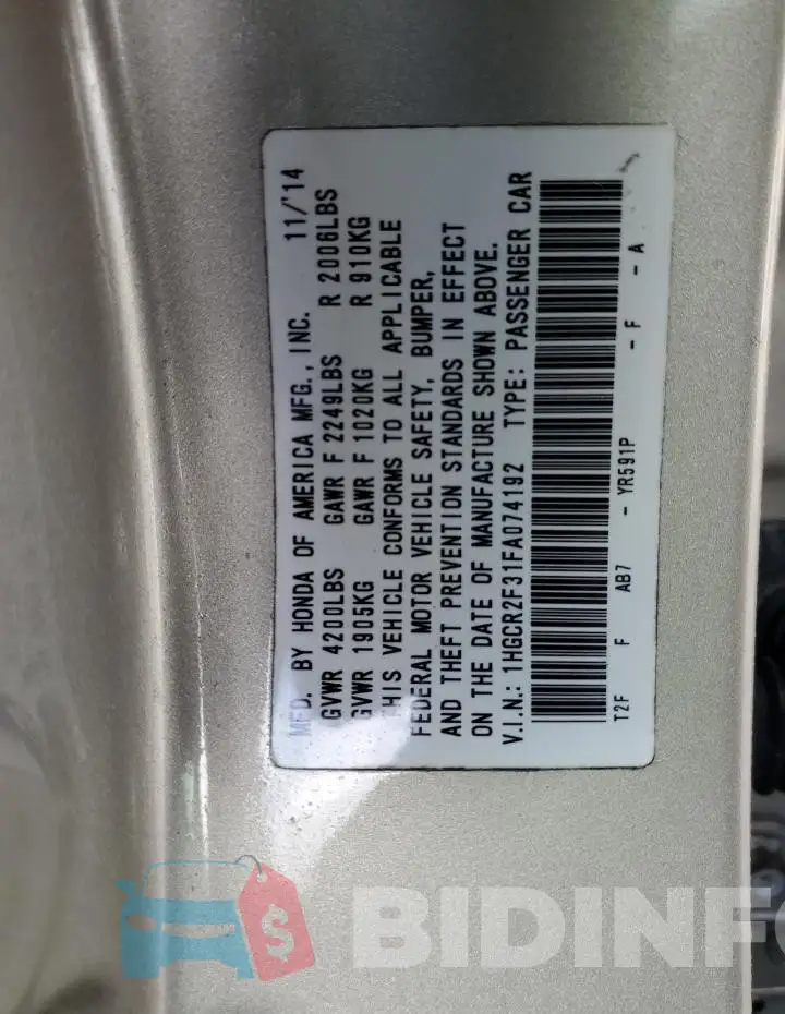 1HGCR2F31FA074192 Photo# 13