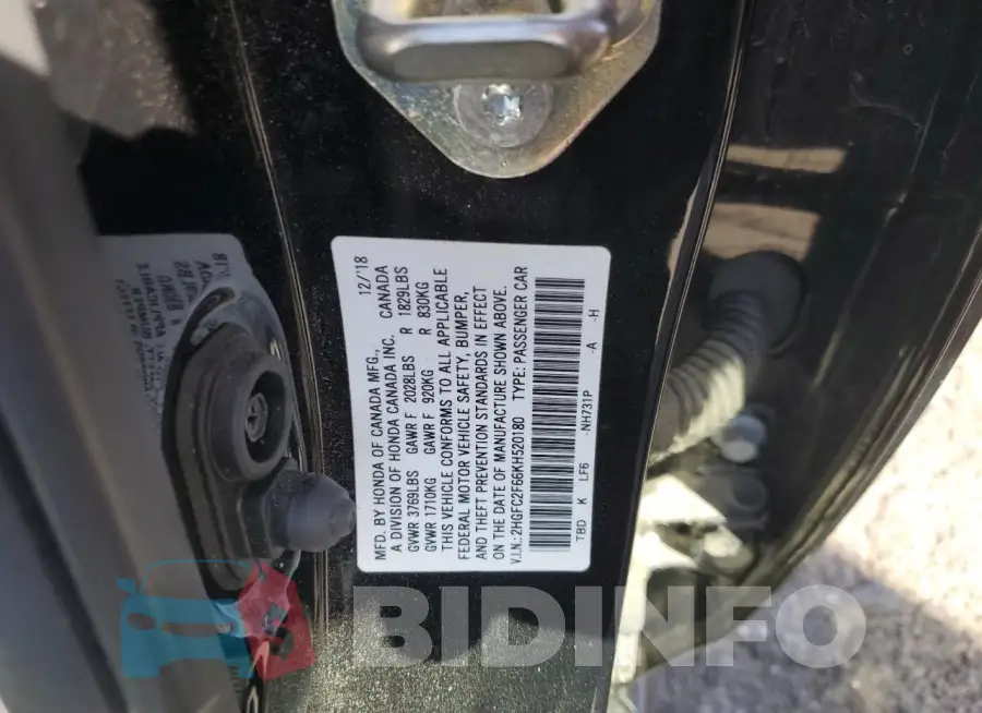 2HGFC2F66KH520180 Photo# 12