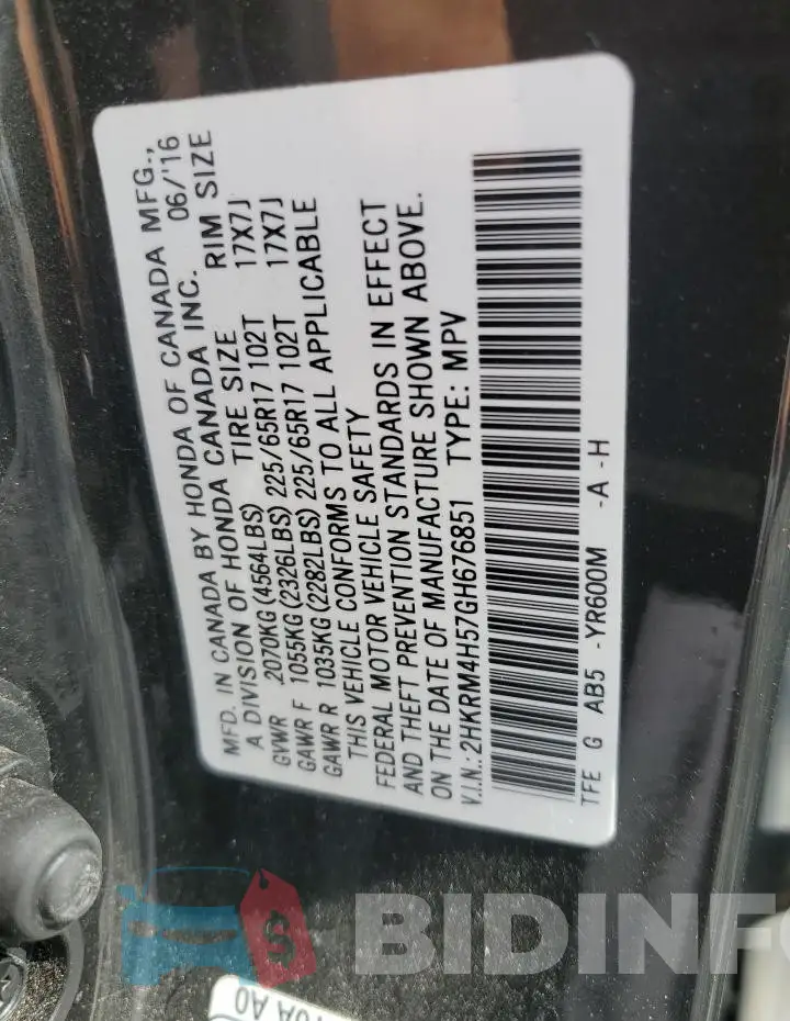 2HKRM4H57GH676851 Photo# 13