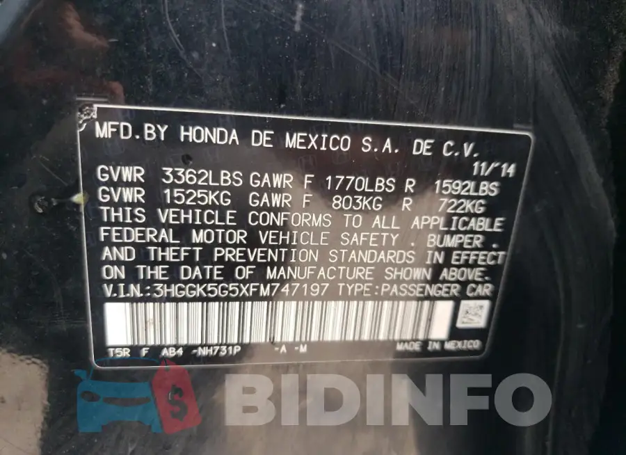 3HGGK5G5XFM747197 Photo# 12