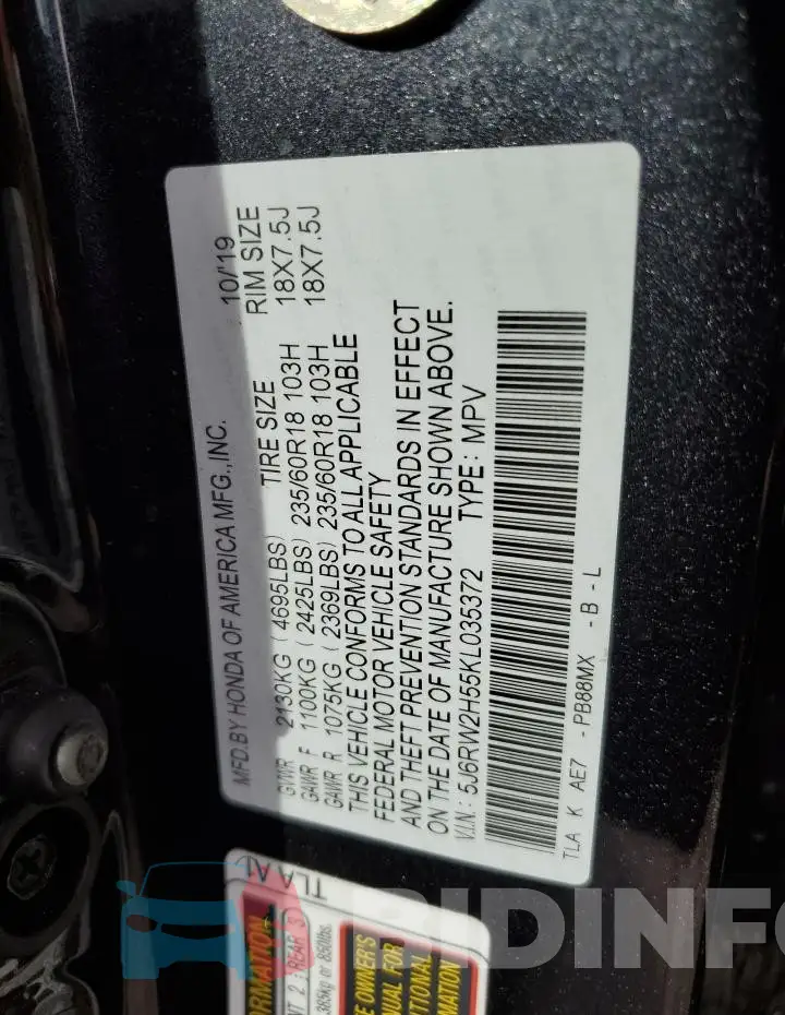 5J6RW2H55KL035372 Photo# 13
