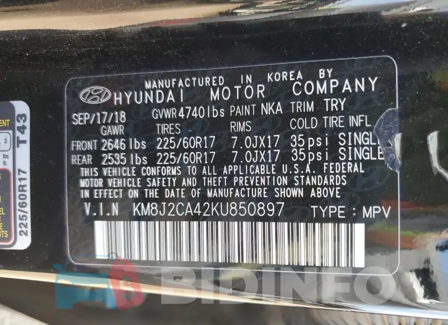 KM8J2CA42KU850897 Photo# 13