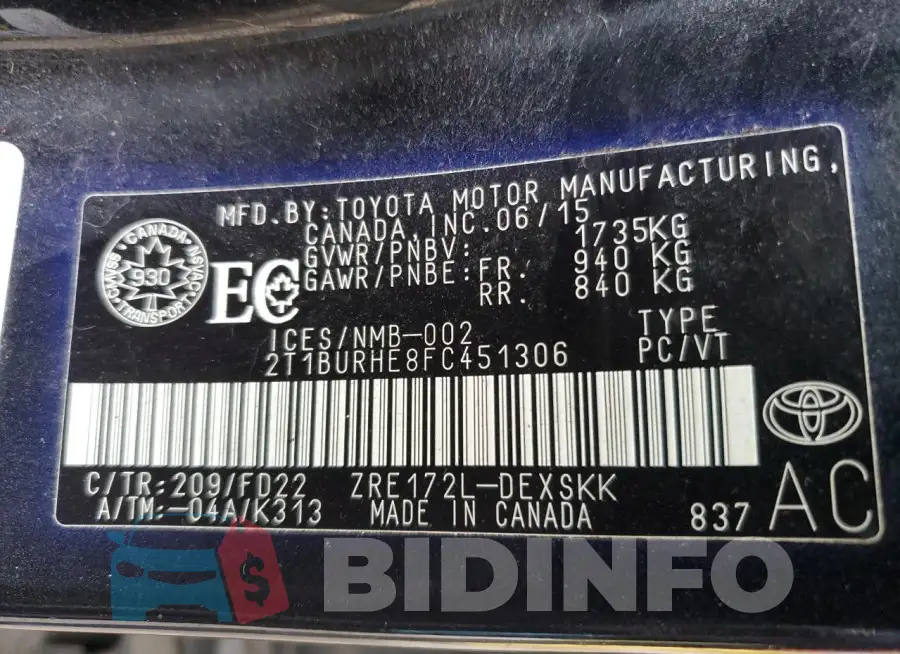 2T1BURHE8FC451306 Photo# 13