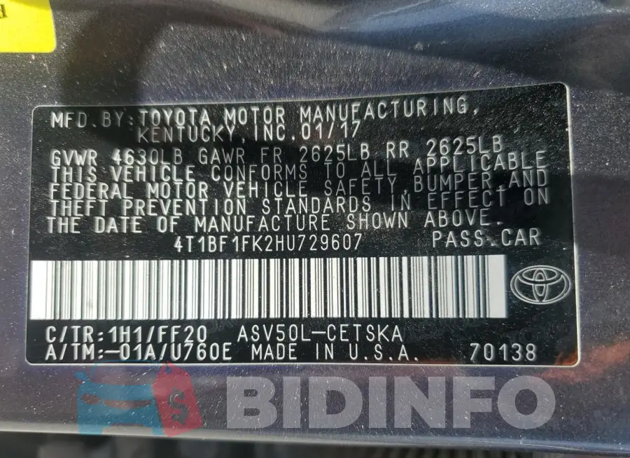 4T1BF1FK2HU729607 Photo# 12