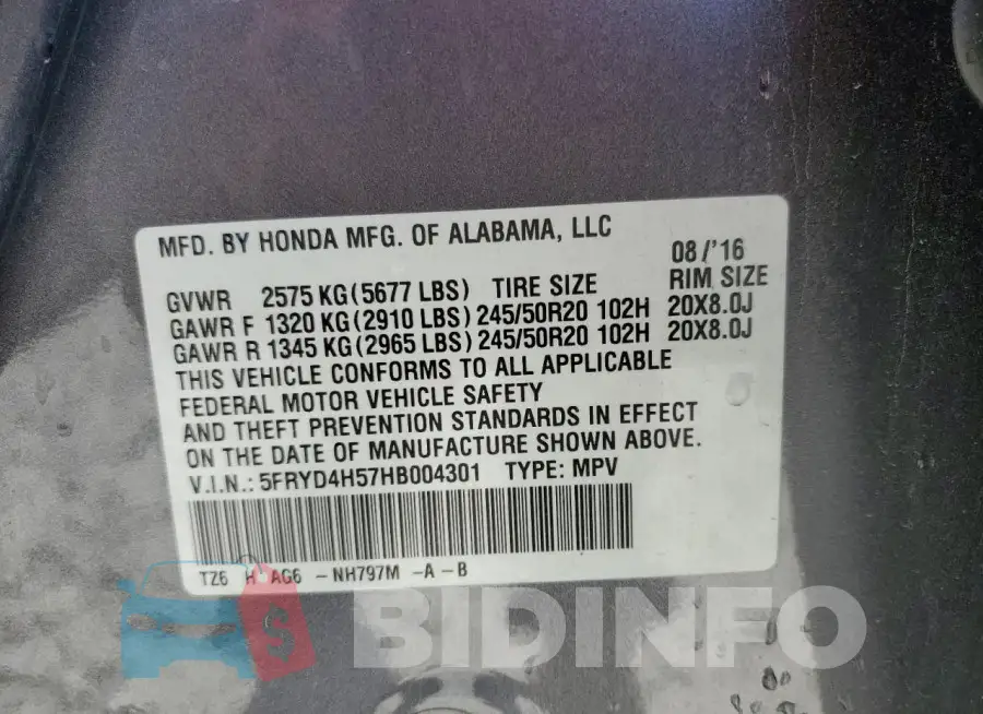 5FRYD4H57HB004301 Photo# 13