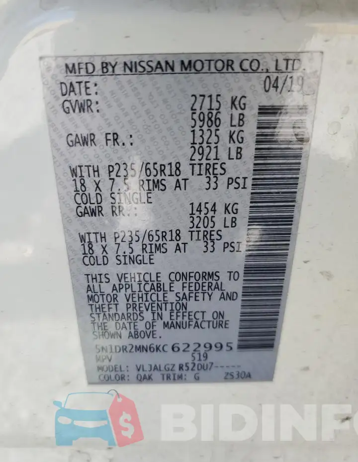 5N1DR2MN6KC622995 Photo# 13