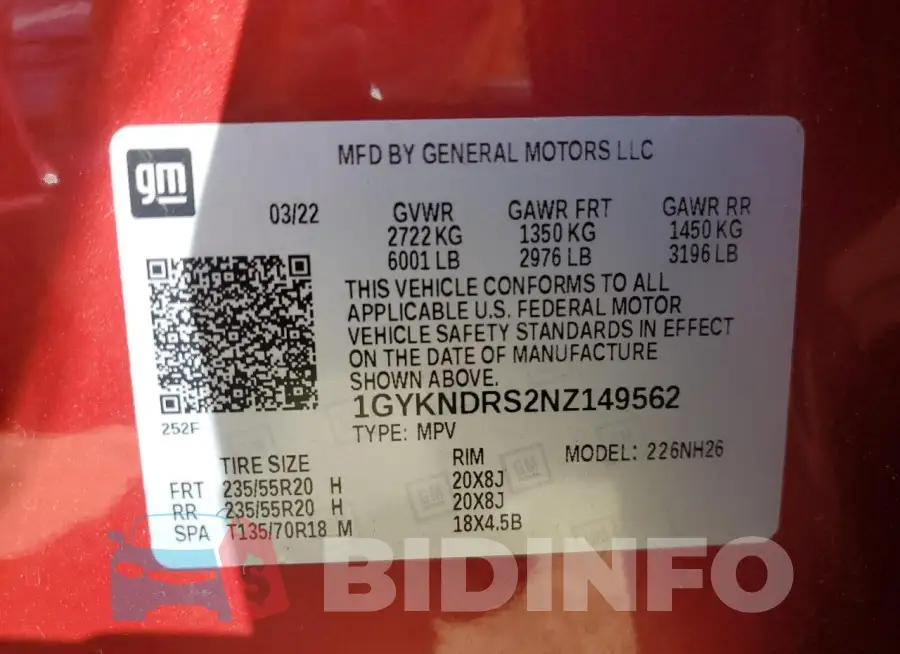 1GYKNDRS2NZ149562 Photo# 12