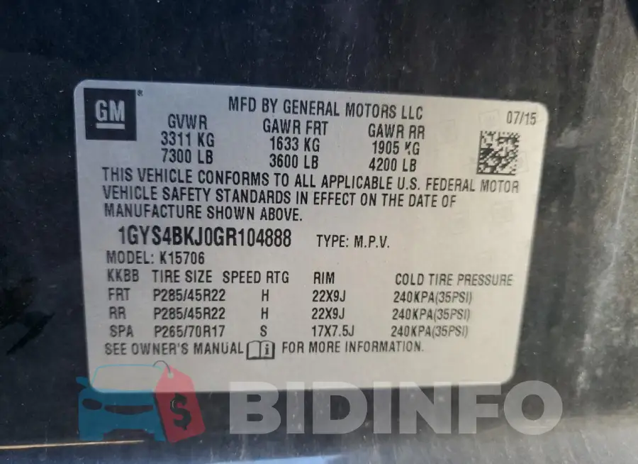 1GYS4BKJ0GR104888 Photo# 14