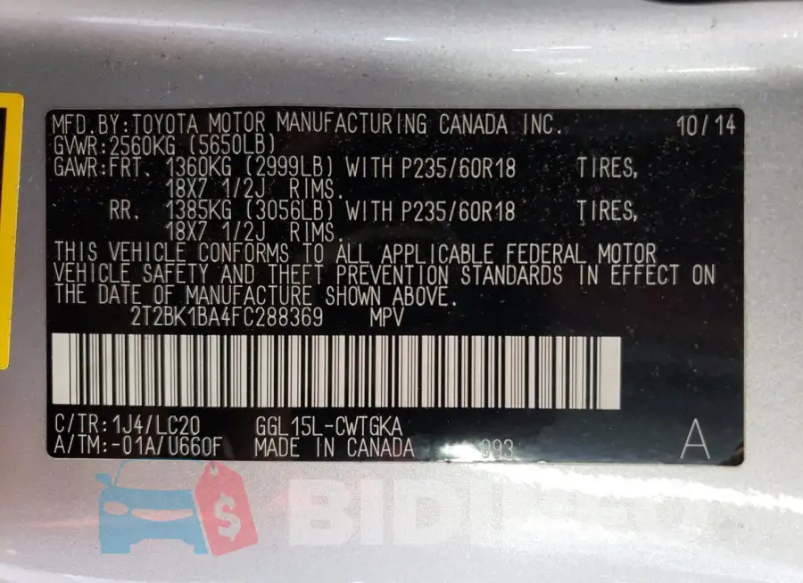 2T2BK1BA4FC288369 Photo# 13