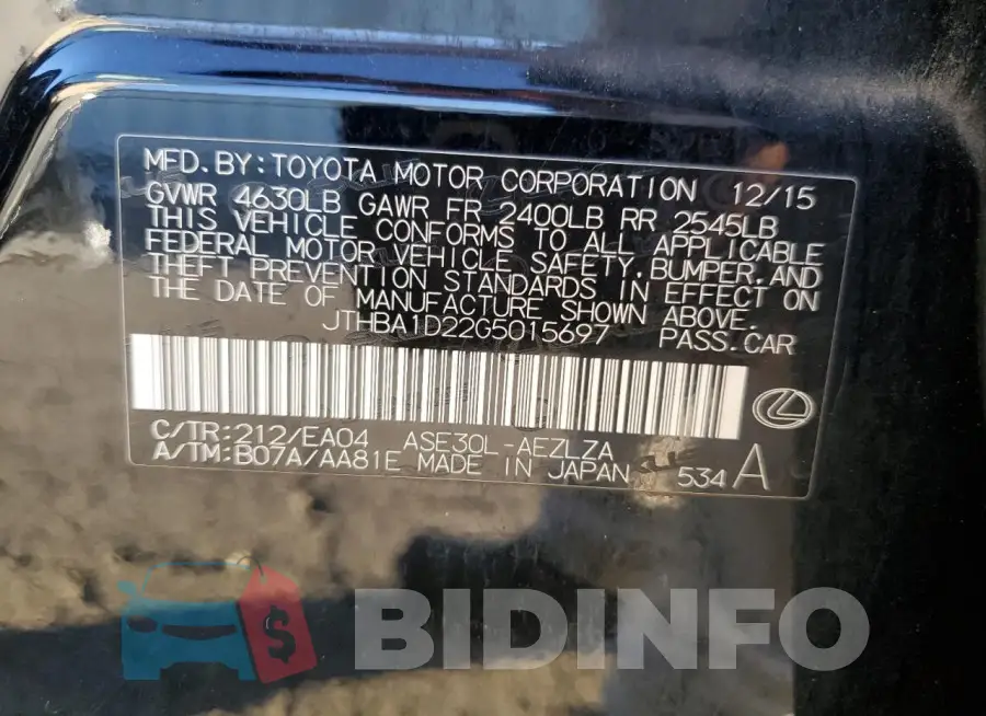 JTHBA1D22G5015697 Photo# 12