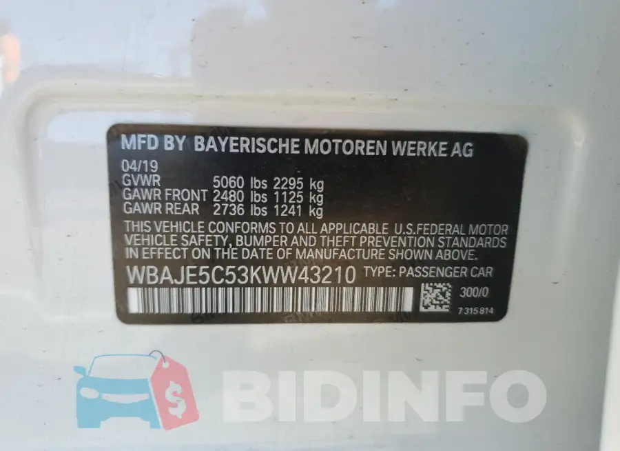 WBAJE5C53KWW43210 Photo# 12