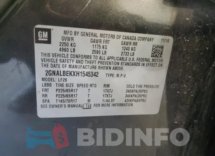 2GNALBEKXH1545342 Photo# 13