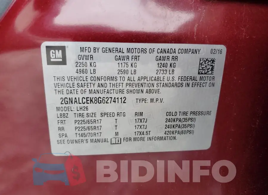 2GNALCEK8G6274112 Photo# 13