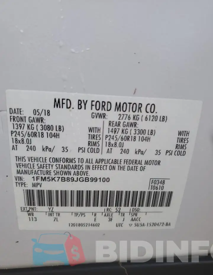 1FM5K7B89JGB99100 Photo# 14
