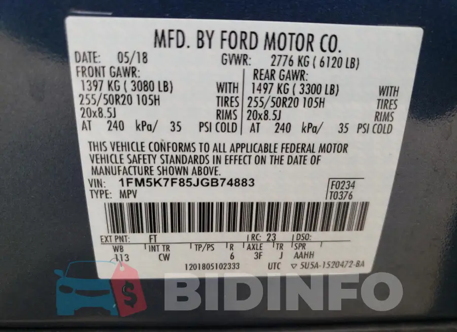 1FM5K7F85JGB74883 Photo# 14