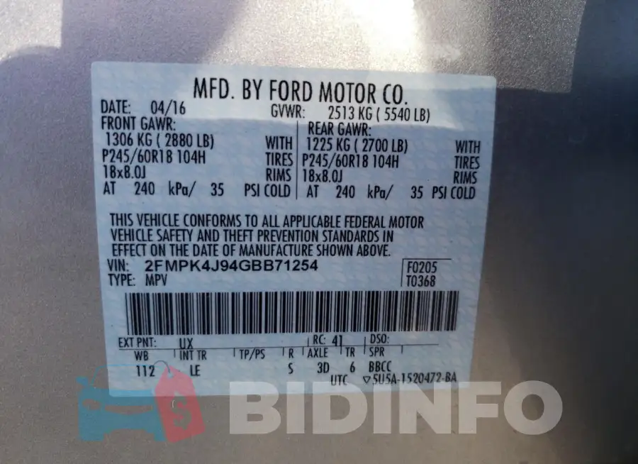 2FMPK4J94GBB71254 Photo# 13