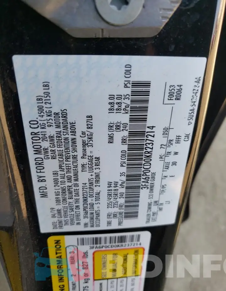 3FA6P0CD0KR237214 Photo# 12